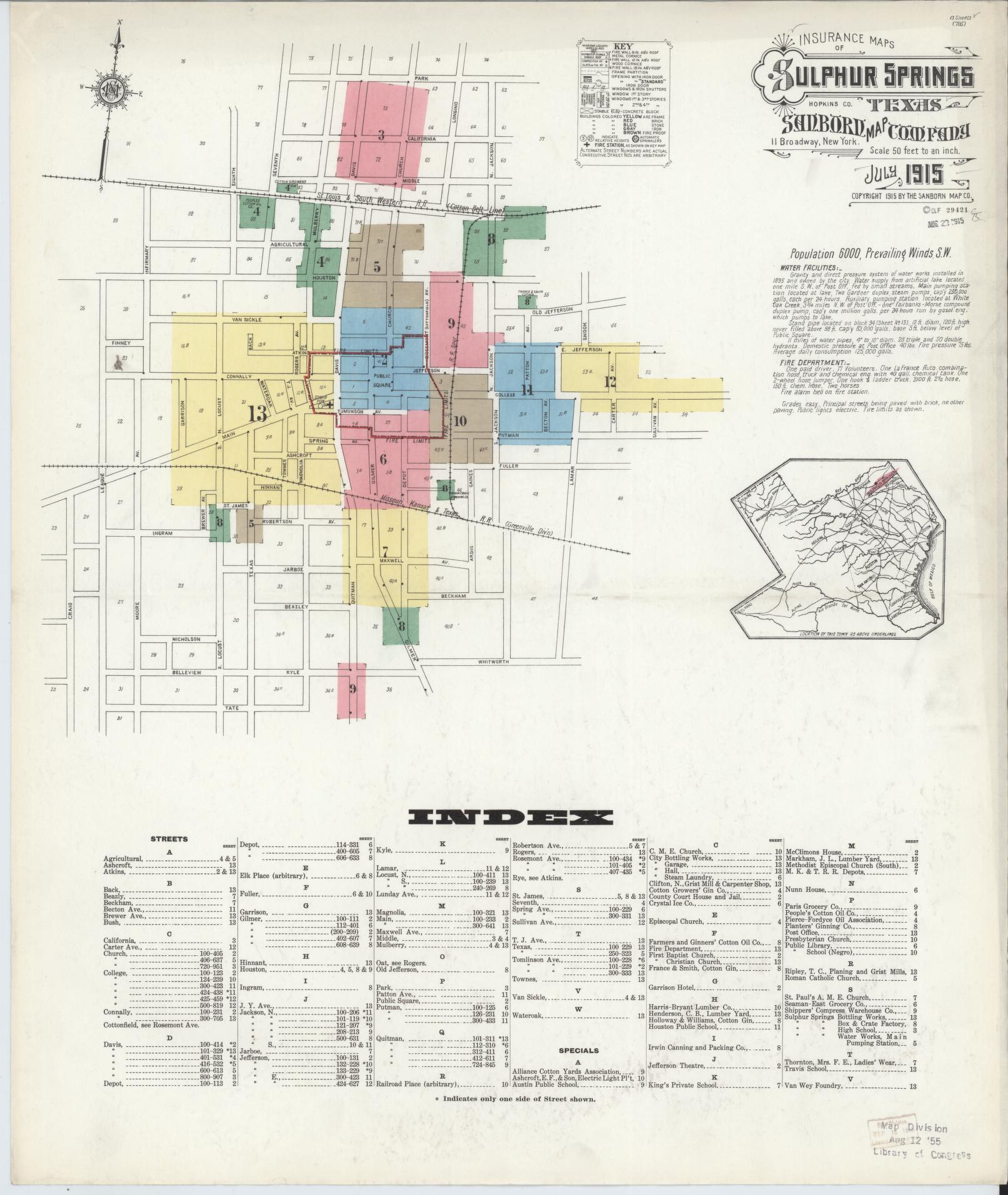 Sanborn Fire Insurance Map from Sulphur Springs, Hopkins County, Texas (1915), Sheet #0001 - Complete Map Set gallery image, historic Sanborn map, vintage wall art, Texas Texas