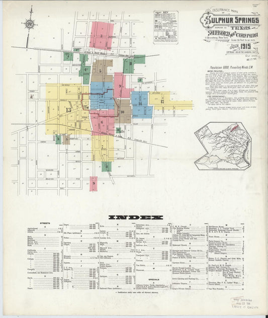 Sanborn Fire Insurance Map from Sulphur Springs, Hopkins County, Texas (1915), Sheet #0001 - Complete Map Set gallery image, historic Sanborn map, vintage wall art, Texas Texas