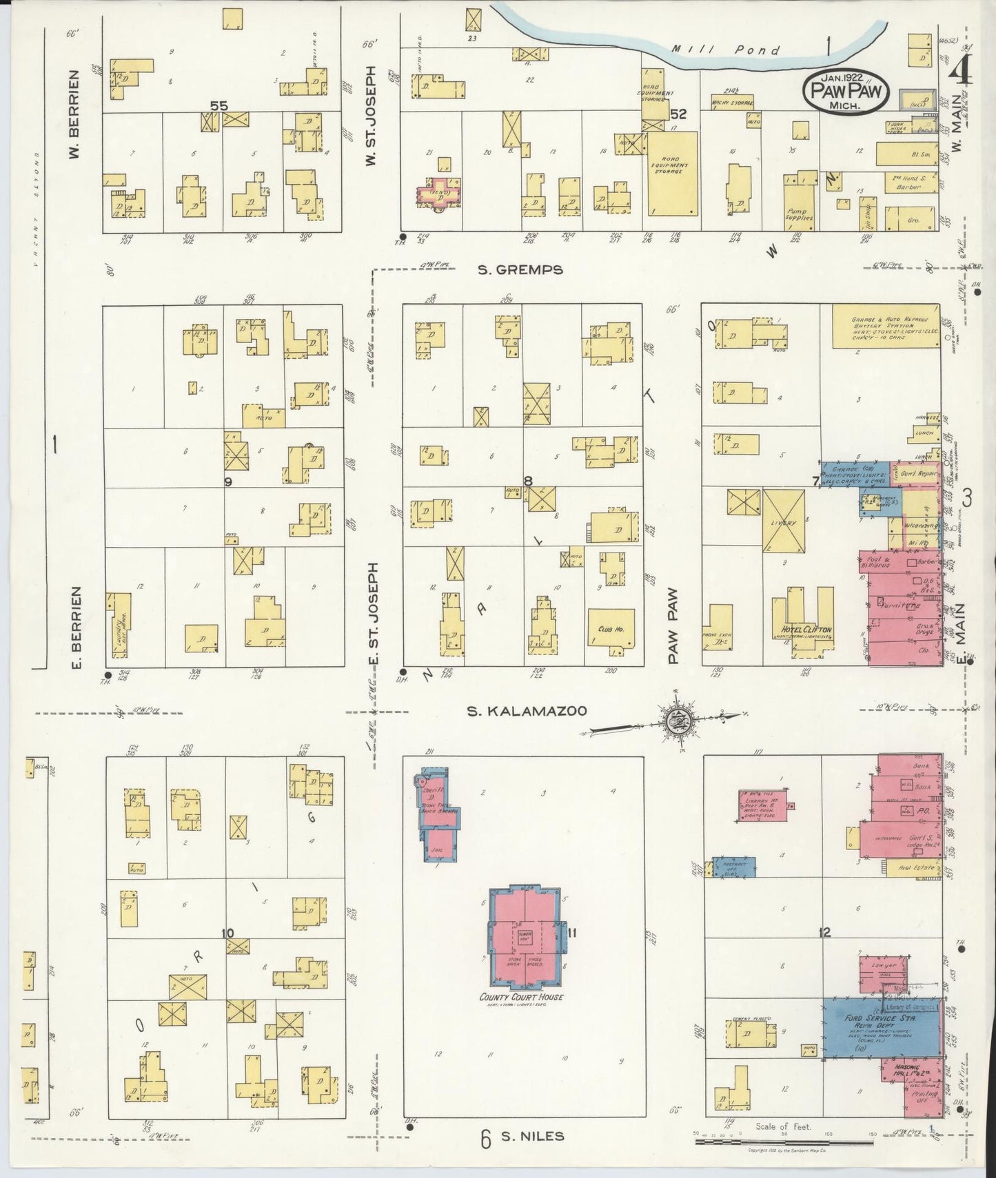 Sanborn Fire Insurance Map from Paw Paw, Van Buren County, Michigan (1922), Sheet #0004 - Complete Map Set gallery image, historic Sanborn map, vintage wall art, Michigan Michigan