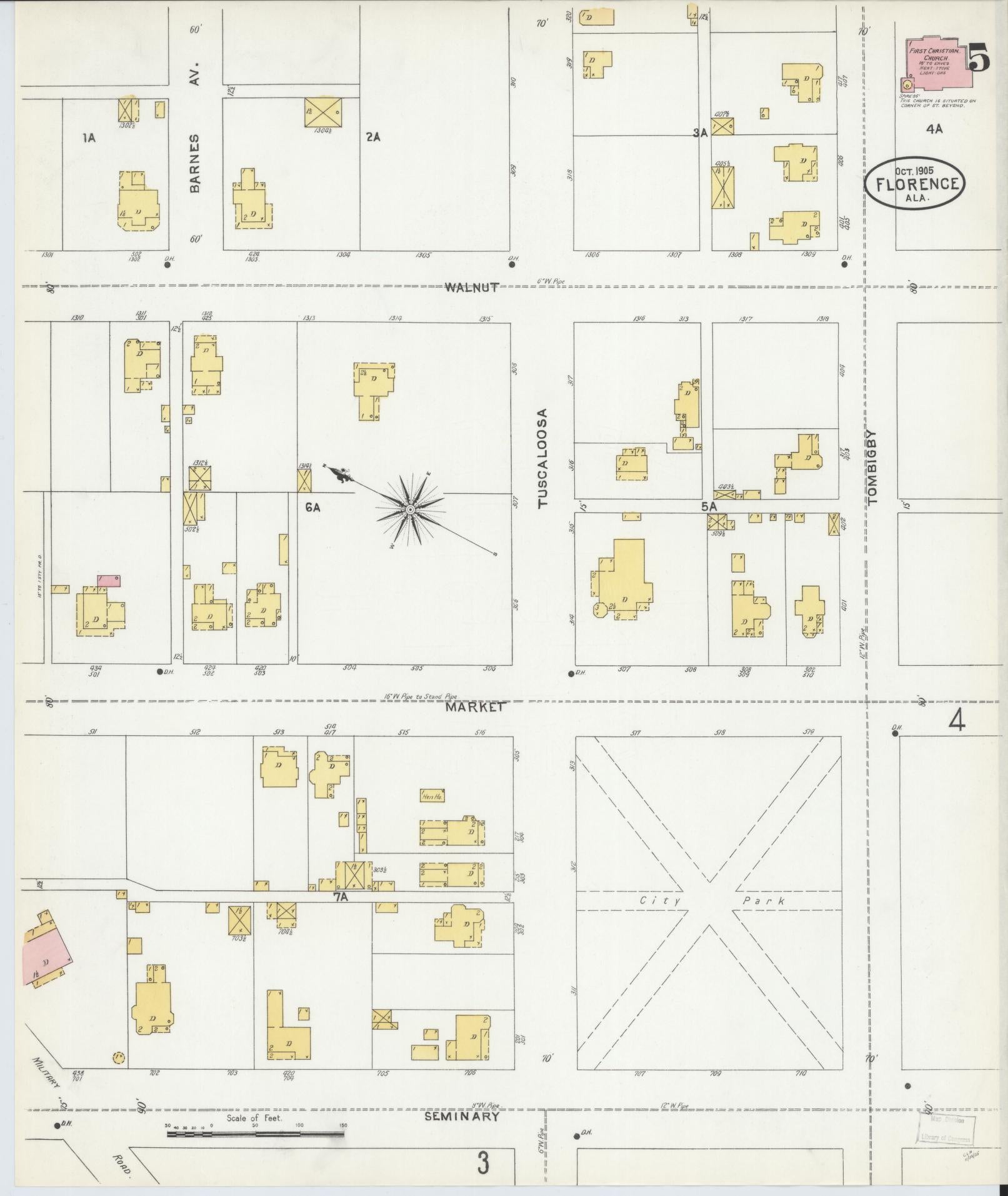 Sanborn Fire Insurance Map from Florence, Lauderdale County, Alabama (1905), Sheet #0005 - Historic Sanborn Fire Insurance Map Print, vintage old map wall art, antique decor, genealogy gift, Alabama Alabama map