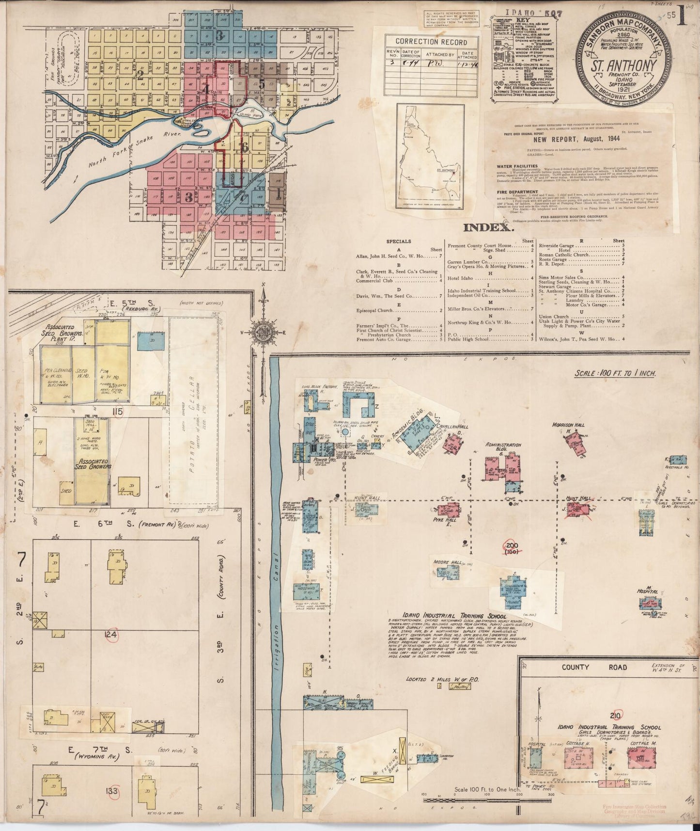 Sanborn Fire Insurance Map from Saint Anthony, Fremont County, Idaho (1944), Sheet #0001 - Historic Sanborn Fire Insurance Map Print, vintage old map wall art, antique decor, genealogy gift, Idaho Idaho map