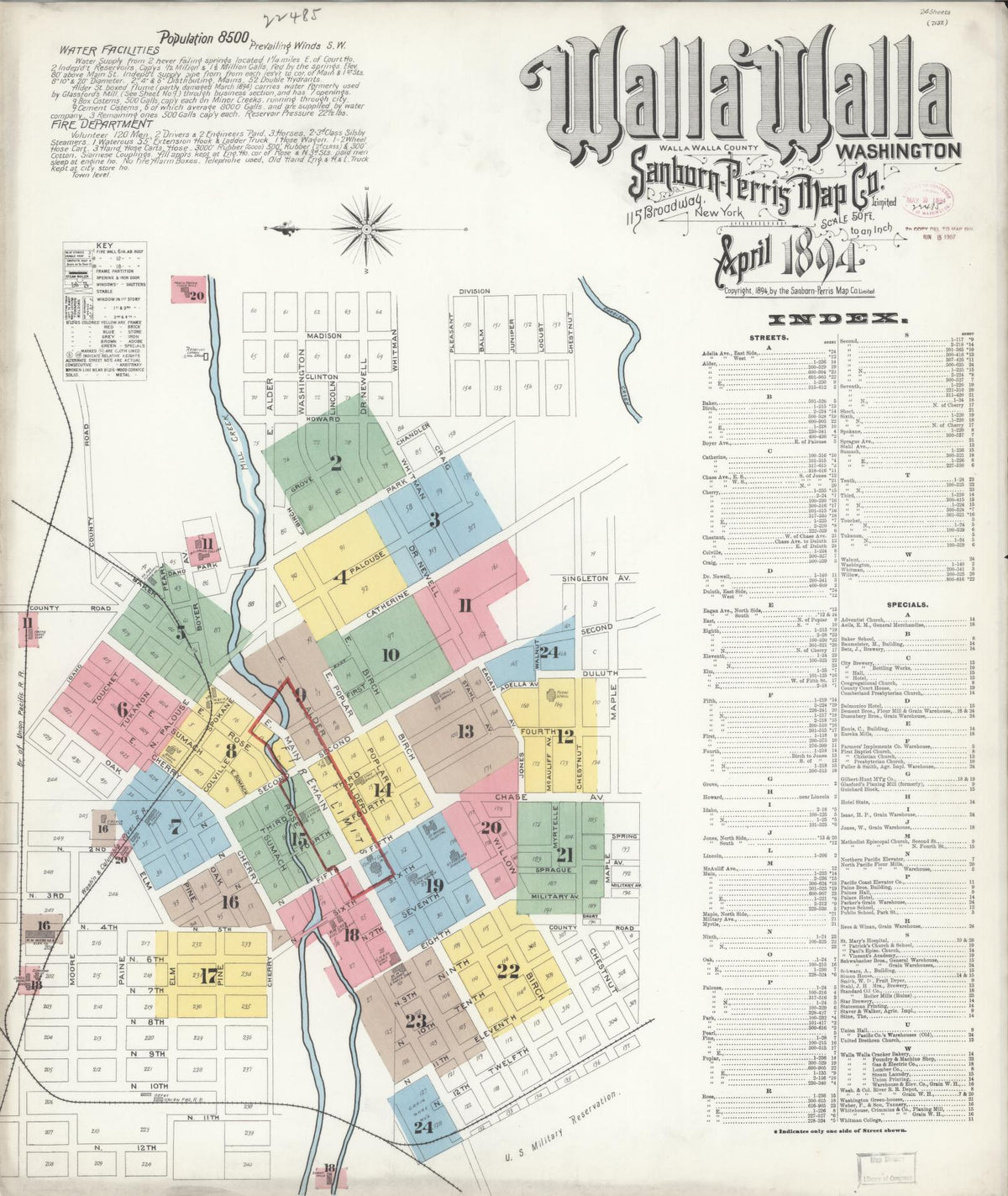Sanborn Fire Insurance Map from Walla Walla, Walla Walla County, Washington (1894), Sheet #0001 - Historic Sanborn Fire Insurance Map Print, vintage old map wall art, antique decor, genealogy gift, Washington Washington map