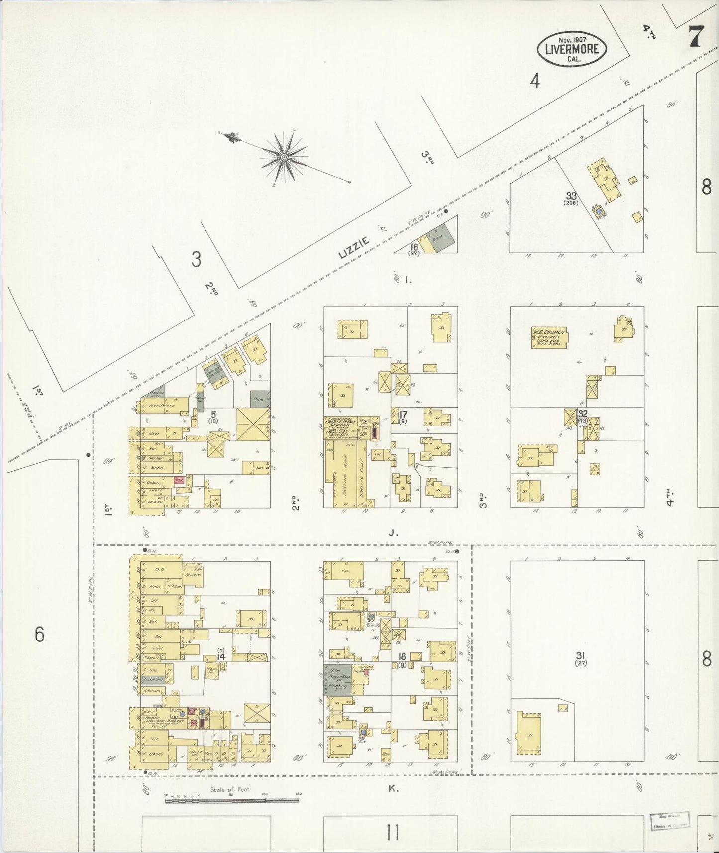 Sanborn Fire Insurance Map from Livermore, Alameda County, California (1907), Sheet #0007 - Historic Sanborn Fire Insurance Map Print, vintage old map wall art, antique decor, genealogy gift, California California map