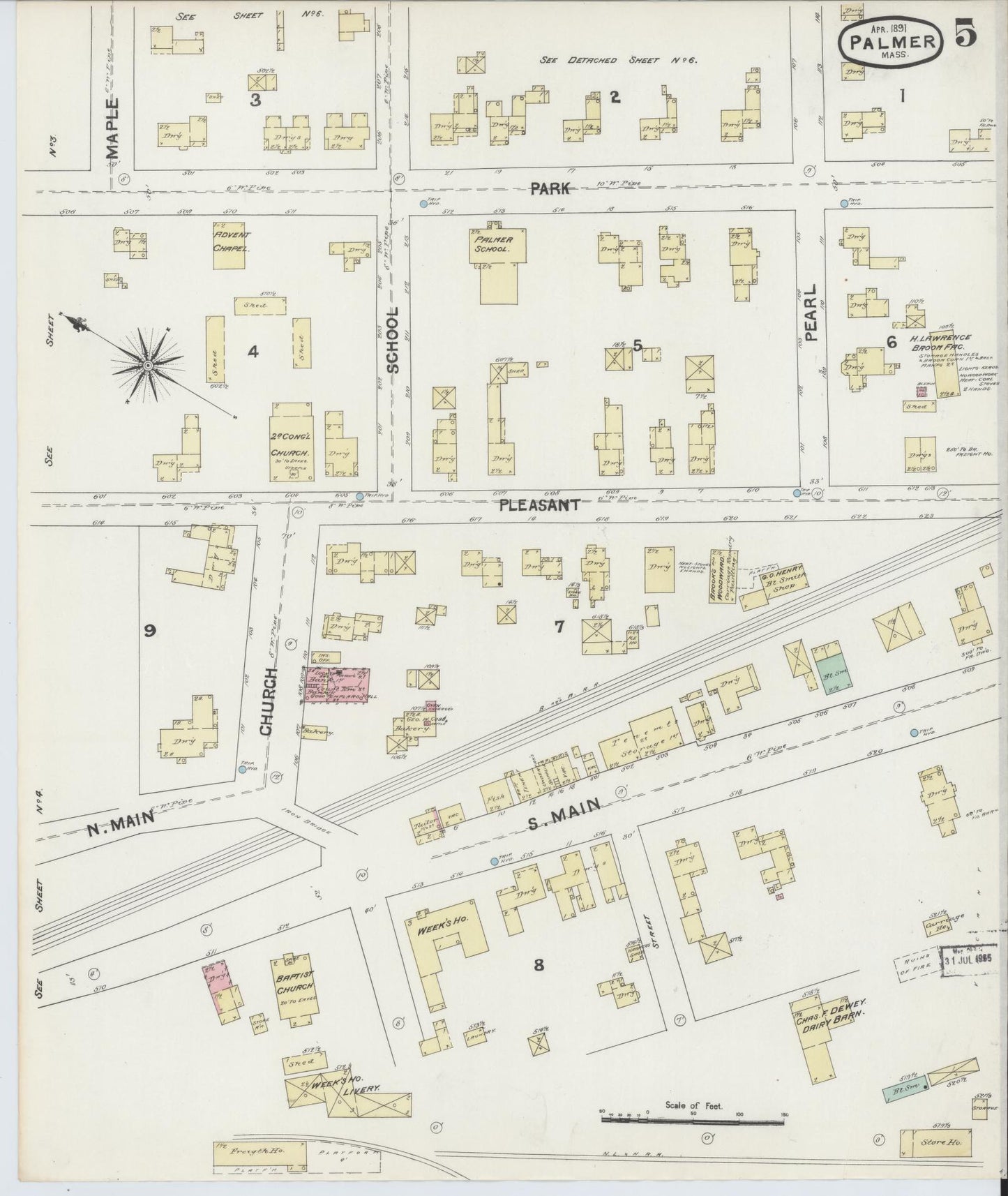 Sanborn Fire Insurance Map from Palmer, Hampden County, Massachusetts (1891), Sheet #0005 - Complete Map Set gallery image, historic Sanborn map, vintage wall art, Massachusetts Massachusetts