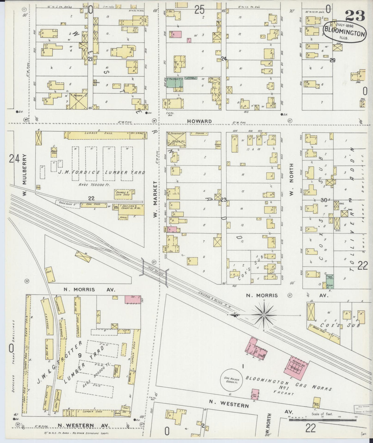 Sanborn Fire Insurance Map from Bloomington, McLean County, Illinois (1896), Sheet #0023 - Complete Map Set gallery image, historic Sanborn map, vintage wall art, Illinois Illinois