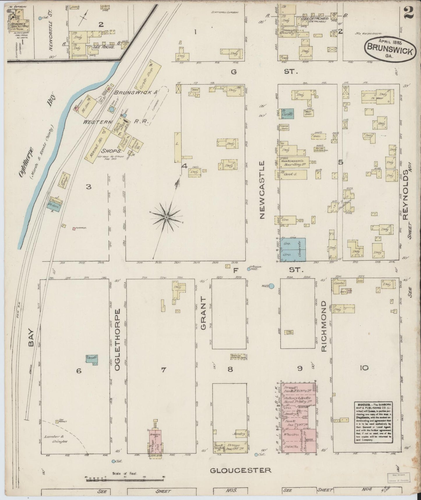 Sanborn Fire Insurance Map from Brunswick, Glynn County, Georgia (1885), Sheet #0002 - Complete Map Set gallery image, historic Sanborn map, vintage wall art, Georgia Georgia