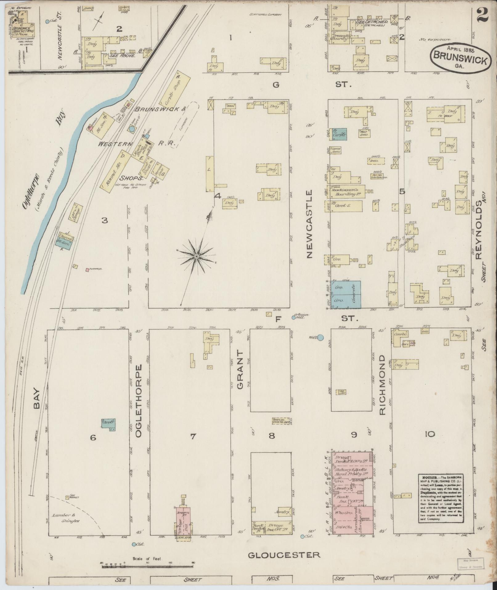 Sanborn Fire Insurance Map from Brunswick, Glynn County, Georgia (1885), Sheet #0002 - Complete Map Set gallery image, historic Sanborn map, vintage wall art, Georgia Georgia