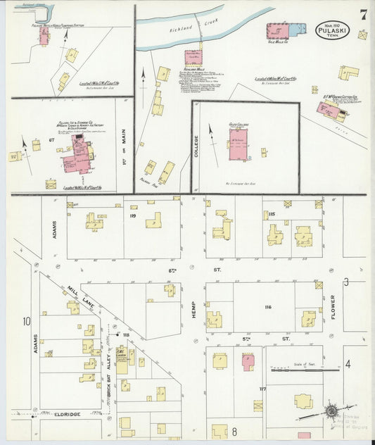 Sanborn Fire Insurance Map from Pulaski, Giles County, Tennessee (1910), Sheet #0007 - Historic Sanborn Fire Insurance Map Print, vintage old map wall art, antique decor, genealogy gift, Tennessee Tennessee map