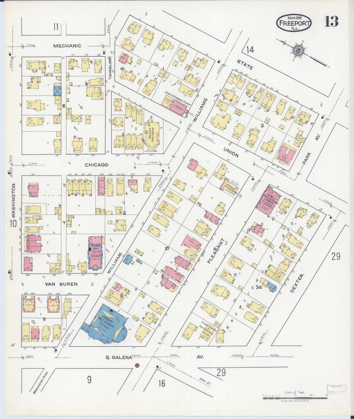 Sanborn Fire Insurance Map from Freeport, Stephenson County, Illinois (1918), Sheet #0013 - Historic Sanborn Fire Insurance Map Print, vintage old map wall art, antique decor, genealogy gift, Illinois Illinois map