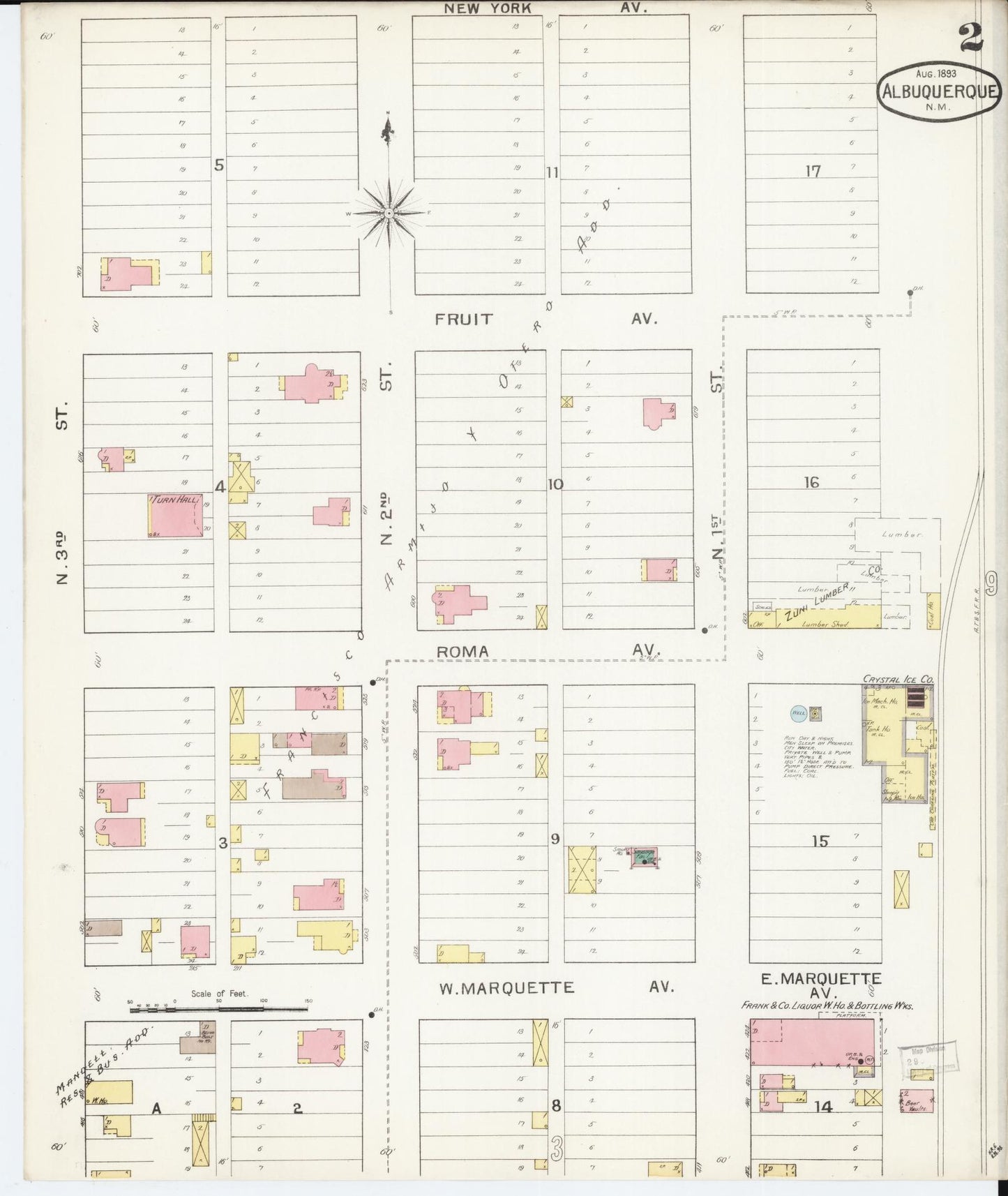 Sanborn Fire Insurance Map from Albuquerque, Bernalillo County, New Mexico (1893), Sheet #0002 - Complete Map Set gallery image, historic Sanborn map, vintage wall art, New Mexico New Mexico