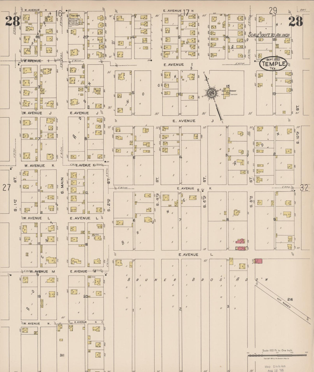 Sanborn Fire Insurance Map from Temple, Bell County, Texas (1922), Sheet #0028 - Historic Sanborn Fire Insurance Map Print, vintage old map wall art, antique decor, genealogy gift, Texas Texas map