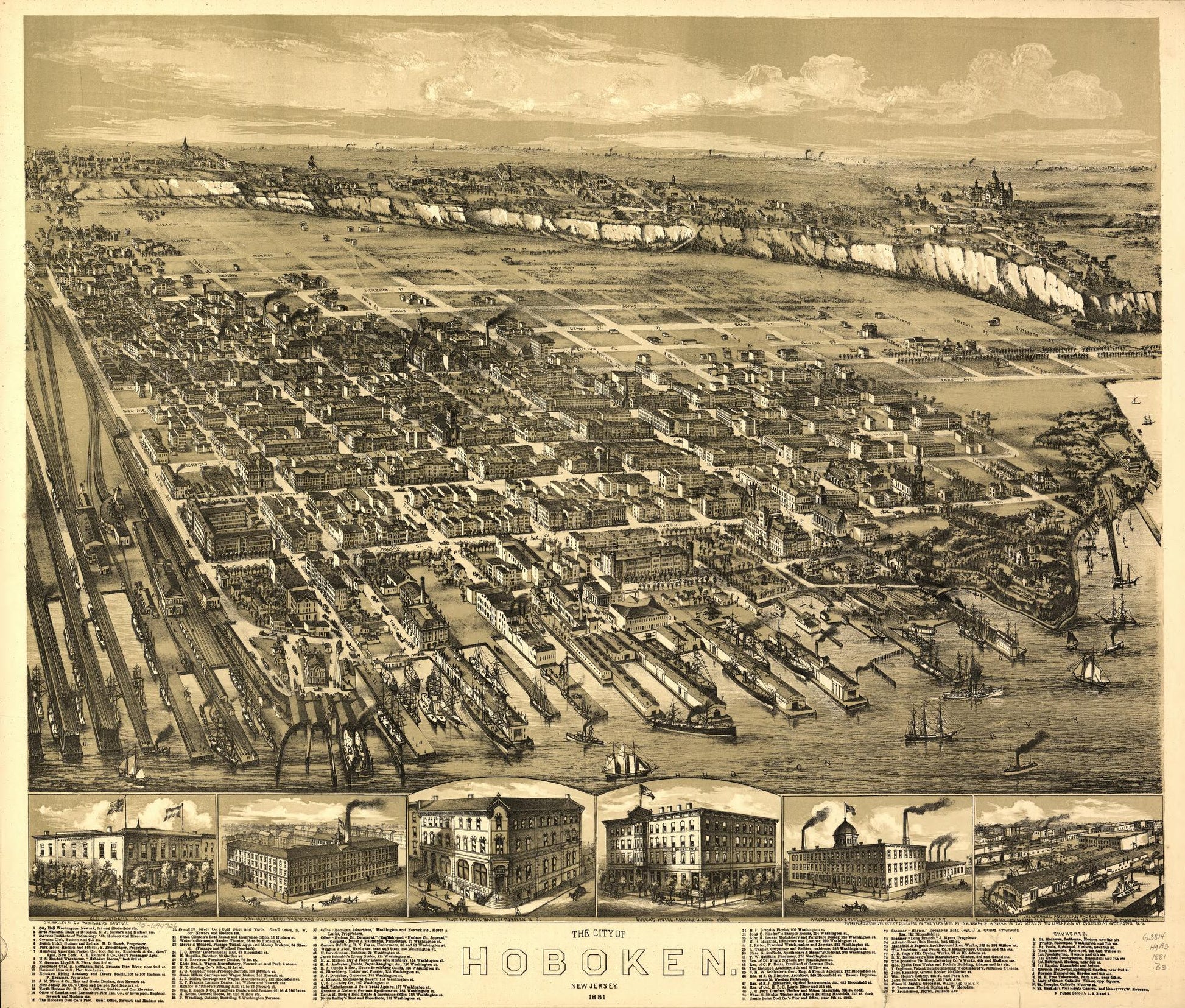The city of Hoboken, New Jersey, 1881. (1881) – Historic Bird’s-Eye View Panorama Print