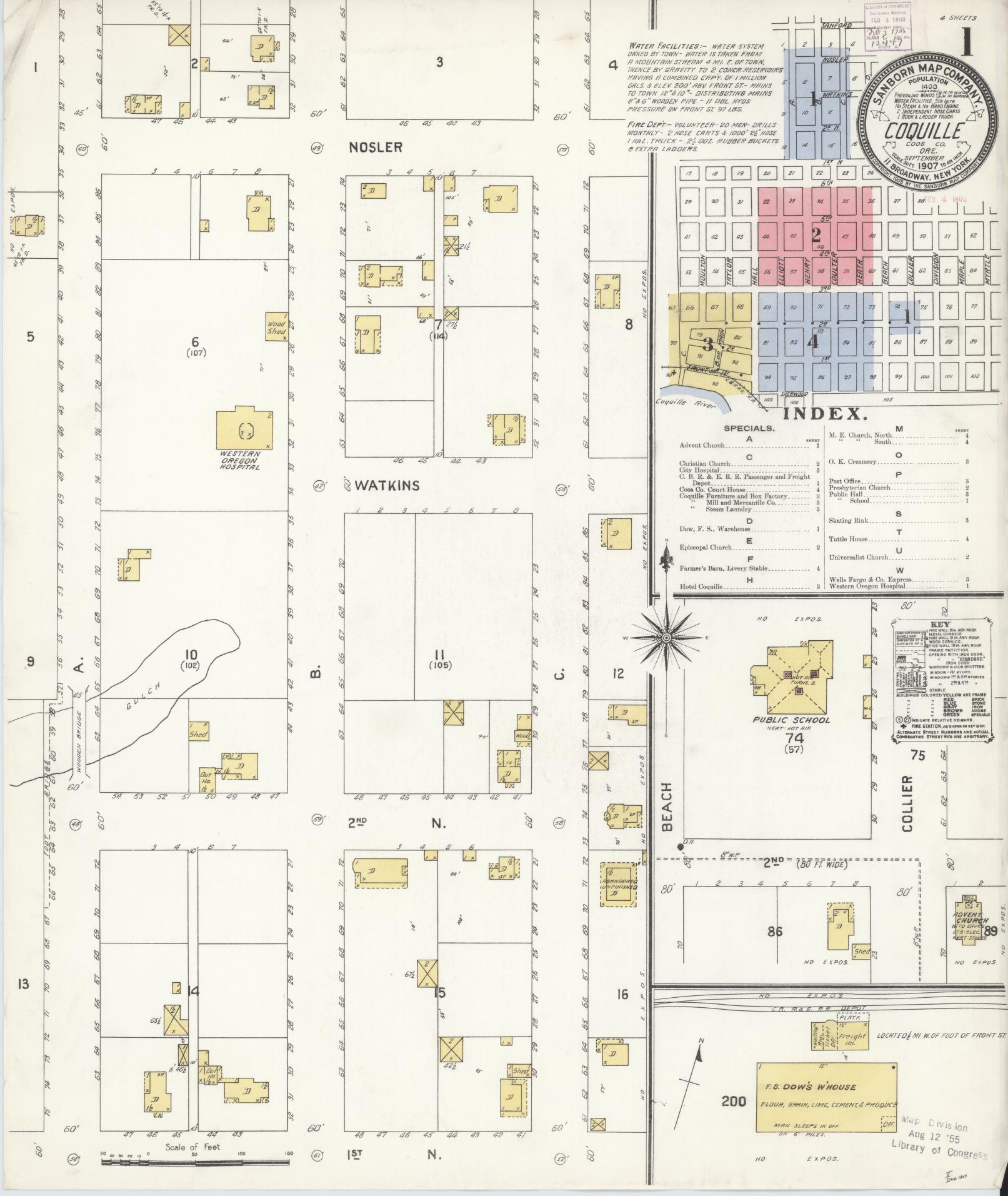 Sanborn Fire Insurance Map from Coquille, Coos County, Oregon (1907), Sheet #0001 - Historic Sanborn Fire Insurance Map Print, vintage old map wall art, antique decor, genealogy gift, Oregon Oregon map