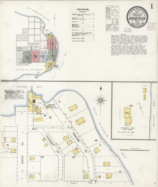 Sanborn Fire Insurance Map from Bremerton, Kitsap County, Washington (1904), Sheet #0001 - Historic Sanborn Fire Insurance Map Print, vintage old map wall art, antique decor, genealogy gift, Washington Washington map