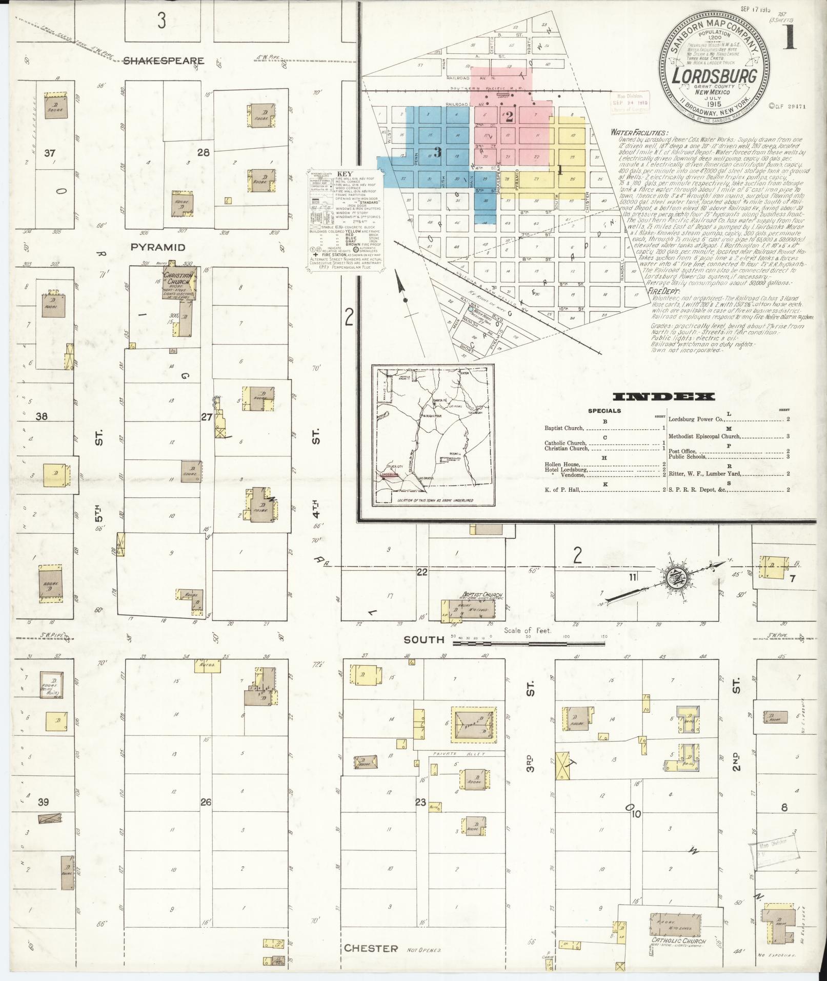 Sanborn Fire Insurance Map from Lordsburg, Hidalgo County, New Mexico (1915), Sheet #0002 - Historic Sanborn Fire Insurance Map Print, vintage old map wall art, antique decor, genealogy gift, New Mexico New Mexico map