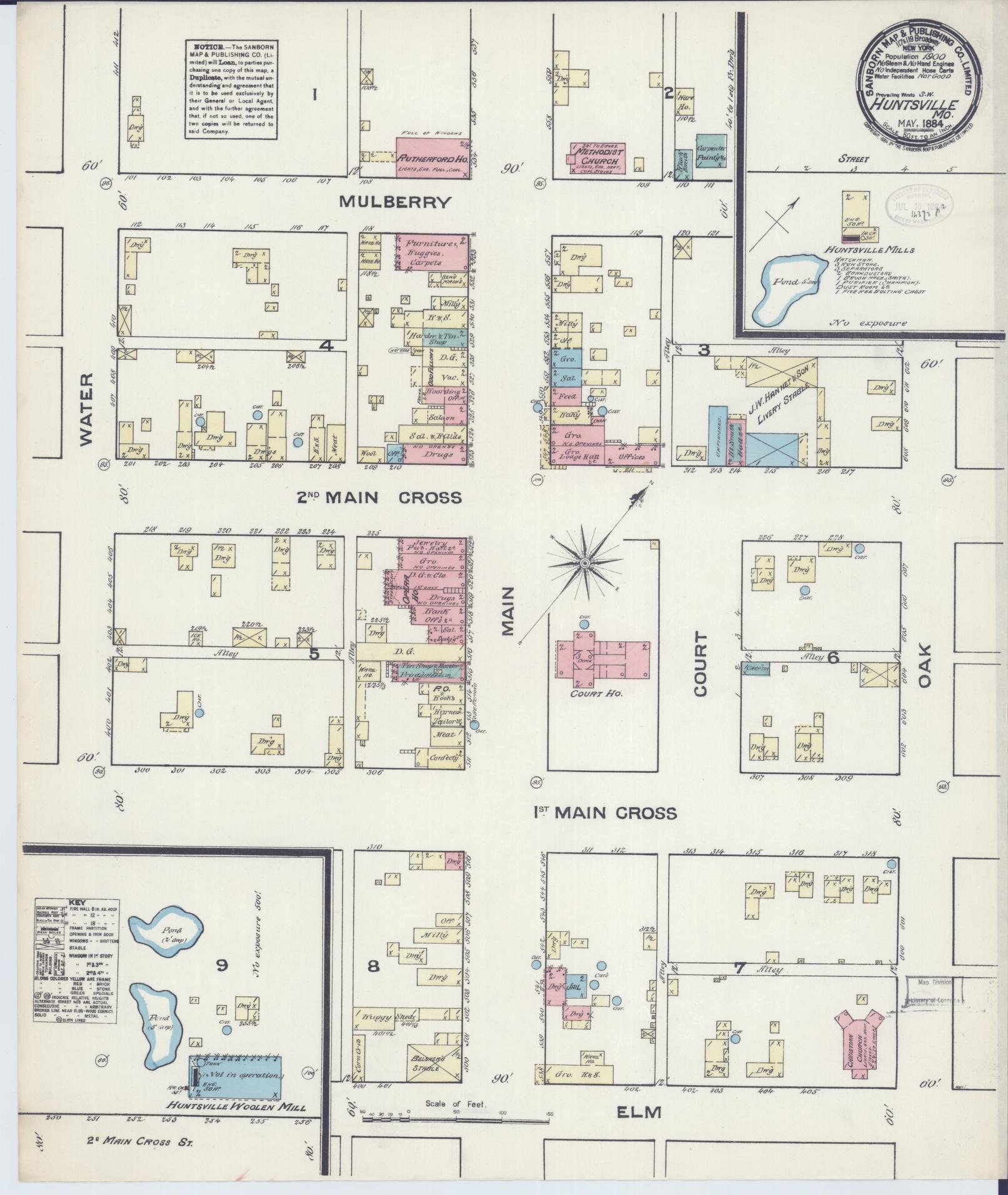 Sanborn Fire Insurance Map from Huntsville, Randolph County, Missouri (1884), Sheet #0001 - Historic Sanborn Fire Insurance Map Print, vintage old map wall art, antique decor, genealogy gift, Missouri Missouri map
