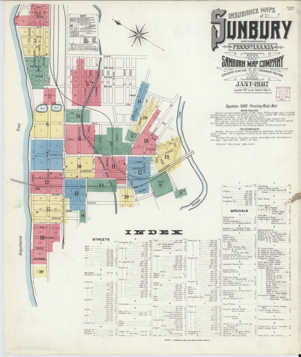 Sanborn Fire Insurance Map from Sunbury, Northumberland County, Pennsylvania (1907), Sheet #0001 - Historic Sanborn Fire Insurance Map Print, vintage old map wall art, antique decor, genealogy gift, Pennsylvania Pennsylvania map