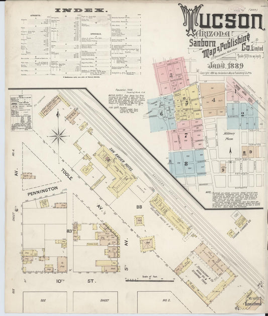 Sanborn Fire Insurance Map from Tucson, Pima County, Arizona (1889), Sheet #0001 - Historic Sanborn Fire Insurance Map Print, vintage old map wall art, antique decor, genealogy gift, Arizona Arizona map