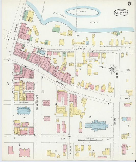 Sanborn Fire Insurance Map from Plattsburg, Clinton County, New York (1896), Sheet #0005 - Historic Sanborn Fire Insurance Map Print, vintage old map wall art, antique decor, genealogy gift, New York New York map