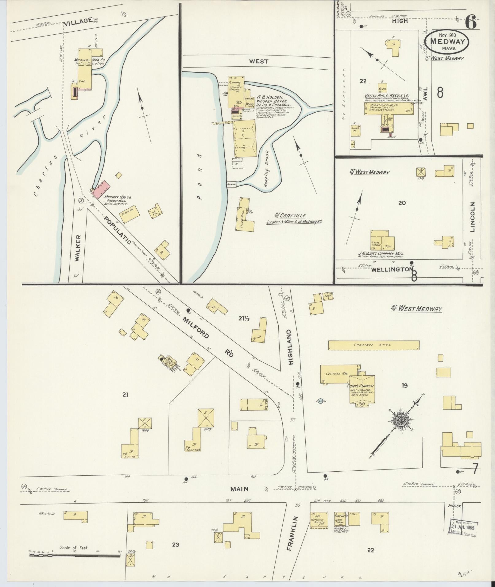 Sanborn Fire Insurance Map from Medway, Norfolk County, Massachusetts (1910), Sheet #0006 - Historic Sanborn Fire Insurance Map Print, vintage old map wall art, antique decor, genealogy gift, Massachusetts Massachusetts map
