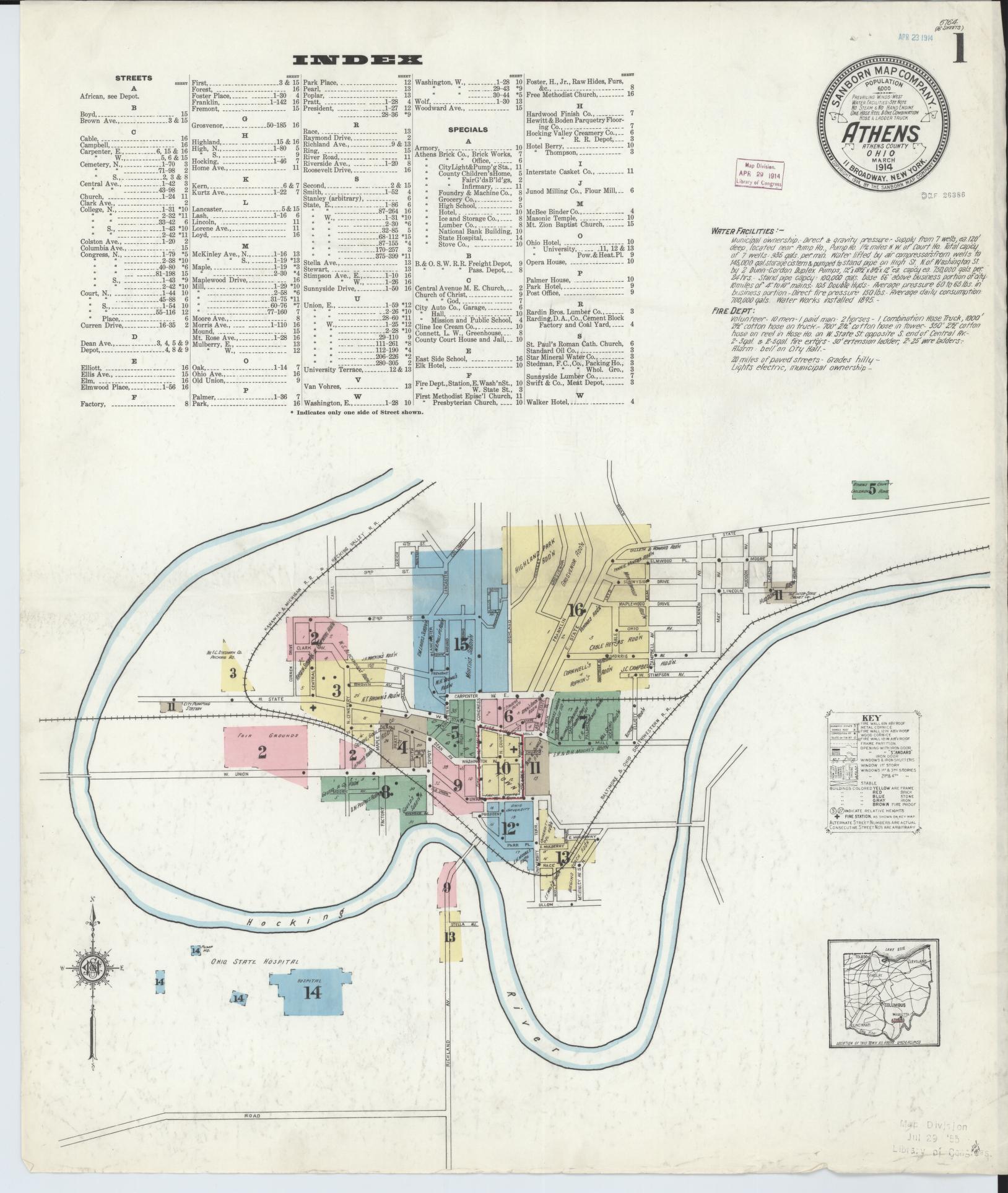 Sanborn Fire Insurance Map from Athens, Athens County, Ohio (1914), Sheet #0001 - Historic Sanborn Fire Insurance Map Print, vintage old map wall art, antique decor, genealogy gift, Ohio Ohio map
