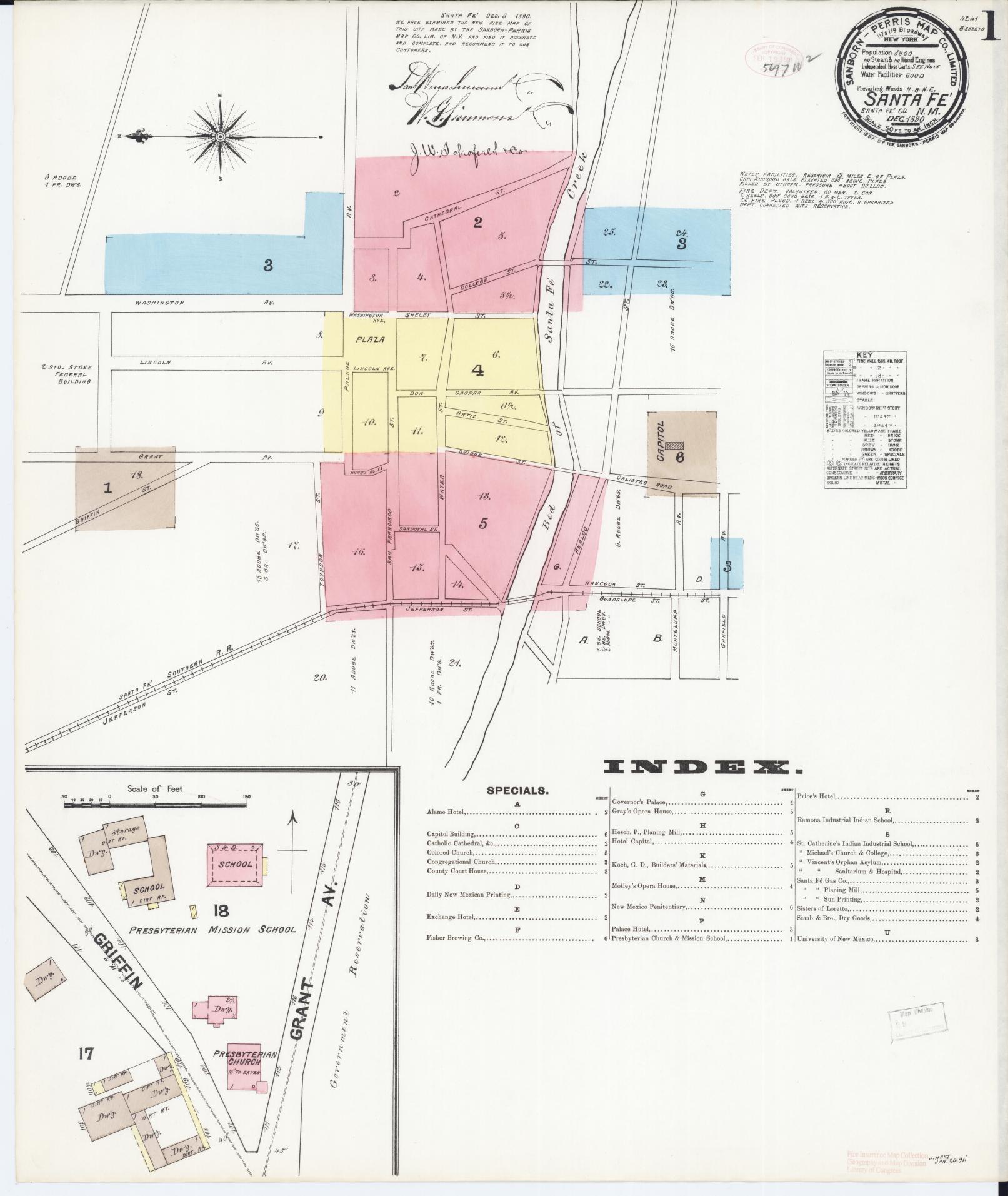 Sanborn Fire Insurance Map from Santa Fe, Santa Fe County, New Mexico (1890), Sheet #0001 - Historic Sanborn Fire Insurance Map Print, vintage old map wall art, antique decor, genealogy gift, New Mexico New Mexico map