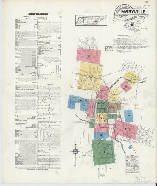 Sanborn Fire Insurance Map from Maryville, Blount County, Tennessee (1917), Sheet #0001 - Historic Sanborn Fire Insurance Map Print, vintage old map wall art, antique decor, genealogy gift, Tennessee Tennessee map