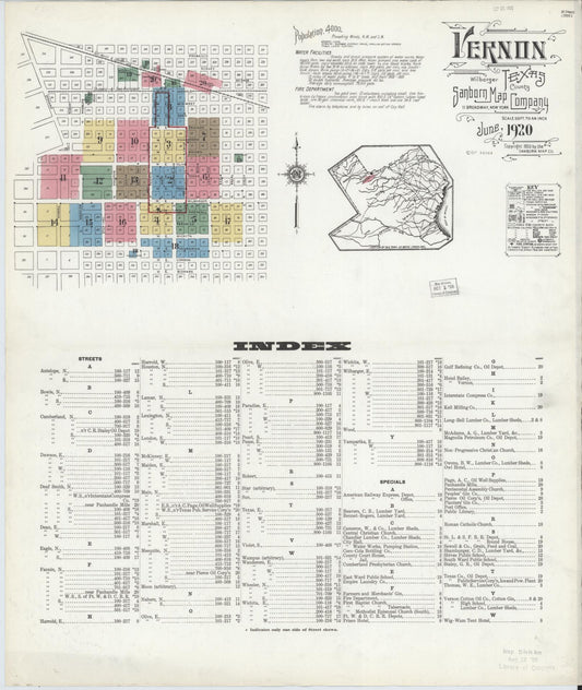 Sanborn Fire Insurance Map from Vernon, Wilbarger County, Texas (1920), Sheet #0001 - Complete Map Set gallery image, historic Sanborn map, vintage wall art, Texas Texas