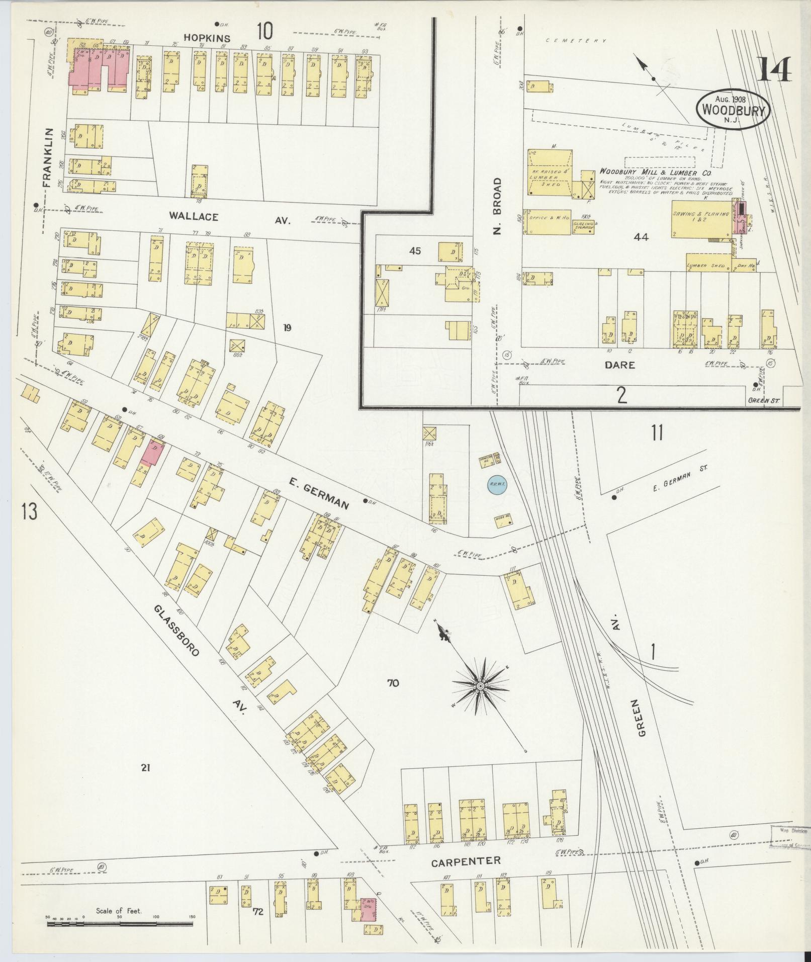 Sanborn Fire Insurance Map from Woodbury, Gloucester County, New Jersey (1908), Sheet #0014 - Historic Sanborn Fire Insurance Map Print, vintage old map wall art, antique decor, genealogy gift, New Jersey New Jersey map