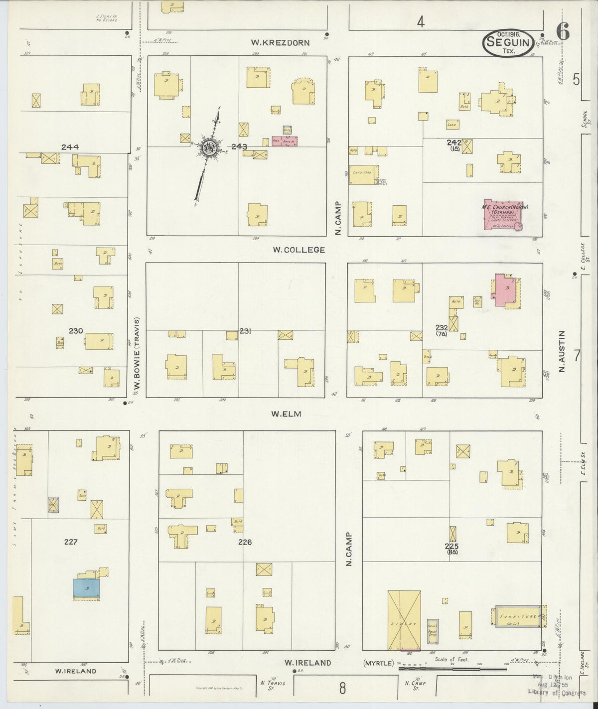 Sanborn Fire Insurance Map from Seguin, Guadalupe County, Texas (1916), Sheet #0006 - Complete Map Set gallery image, historic Sanborn map, vintage wall art, Texas Texas