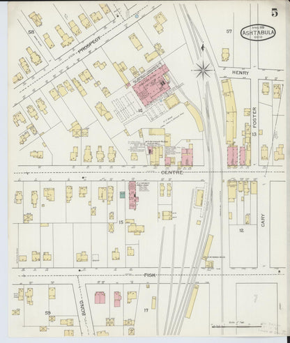 Sanborn Fire Insurance Map from Ashtabula, Ashtabula County, Ohio (1893), Sheet #0005 - Historic Sanborn Fire Insurance Map Print, vintage old map wall art, antique decor, genealogy gift, Ohio Ohio map