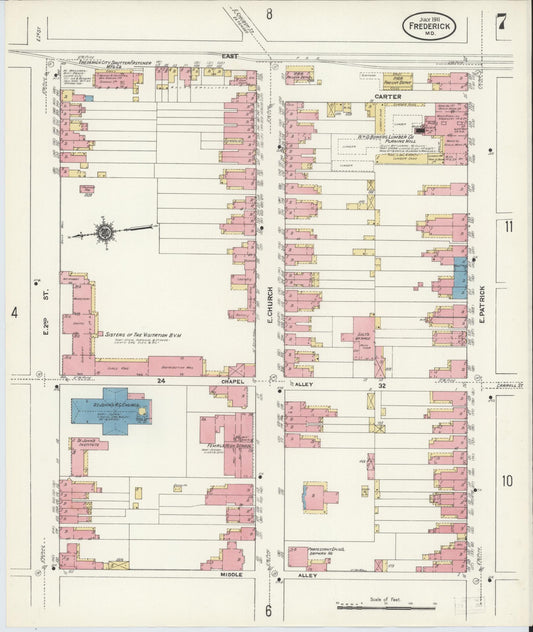 Frederick, Maryland - 1911 - Sanborn Fire Insurance Map, Sheet #0007 - Historic Sanborn Fire Insurance Map Print, Frederick Maryland 1911 0007 vintage old map wall art