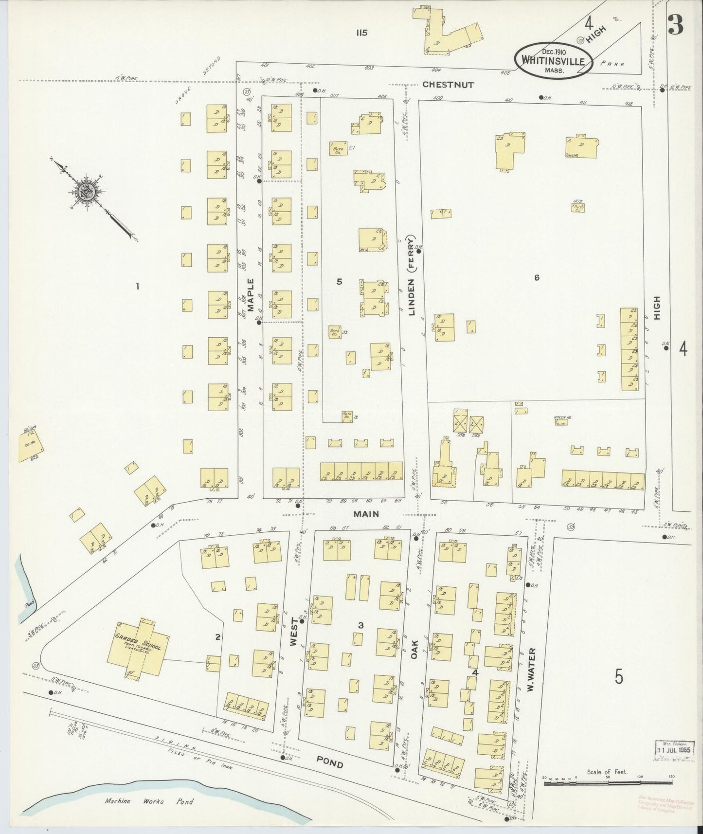 Sanborn Fire Insurance Map from Whitinsville, Worcester County, Massachusetts (1910), Sheet #0003 - Historic Sanborn Fire Insurance Map Print, vintage old map wall art, antique decor, genealogy gift, Massachusetts Massachusetts map