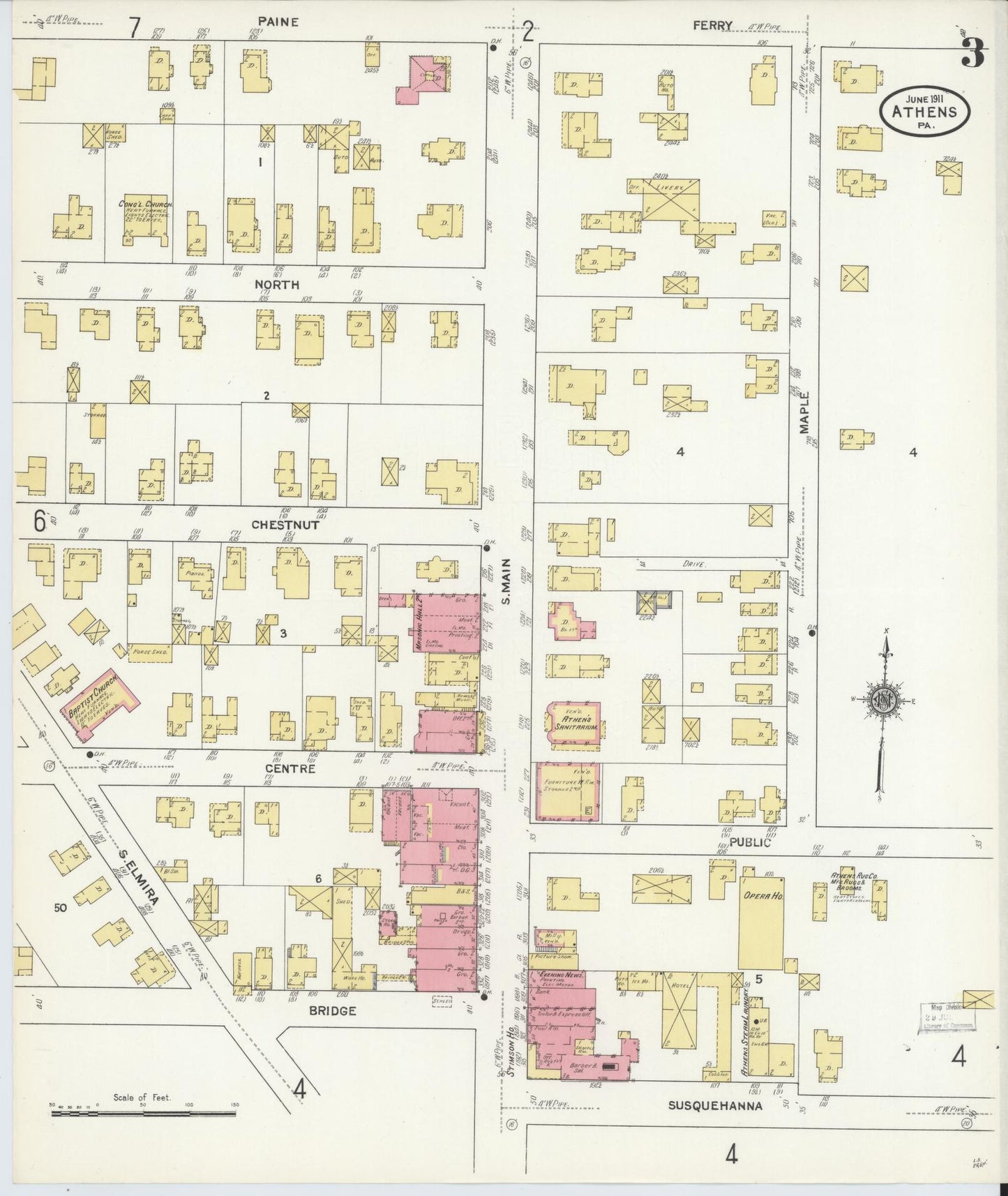 Sanborn Fire Insurance Map from Athens, Bradford County, Pennsylvania (1911), Sheet #0003 - Historic Sanborn Fire Insurance Map Print, vintage old map wall art, antique decor, genealogy gift, Pennsylvania Pennsylvania map