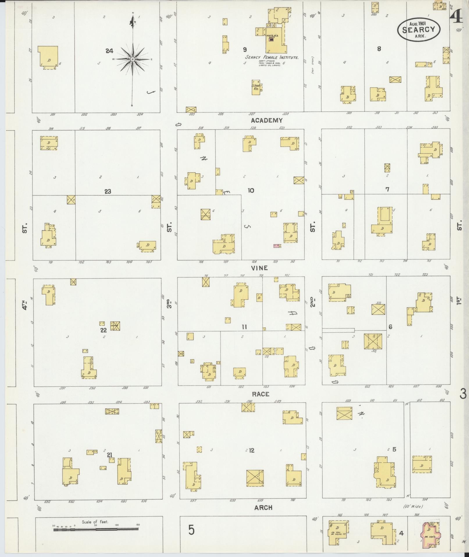 Sanborn Fire Insurance Map from Searcy, White County, Arkansas (1901), Sheet #0004 - Complete Map Set gallery image, historic Sanborn map, vintage wall art, Arkansas Arkansas