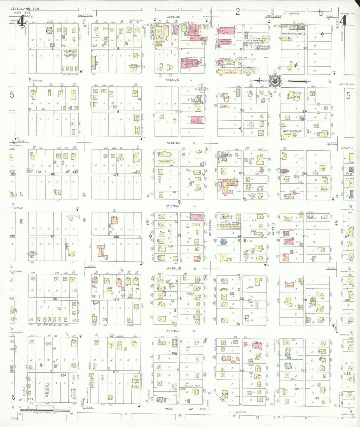 Sanborn Fire Insurance Map from Levelland, Hockley County, Texas (1942), Sheet #0004 - Complete Map Set gallery image, historic Sanborn map, vintage wall art, Texas Texas