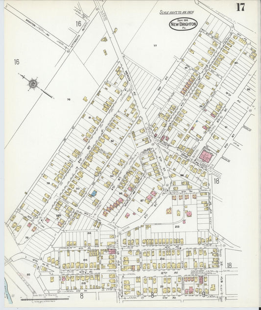 Sanborn Fire Insurance Map from New Brighton, Beaver County, Pennsylvania (1918), Sheet #0017 - Historic Sanborn Fire Insurance Map Print, vintage old map wall art, antique decor, genealogy gift, Pennsylvania Pennsylvania map