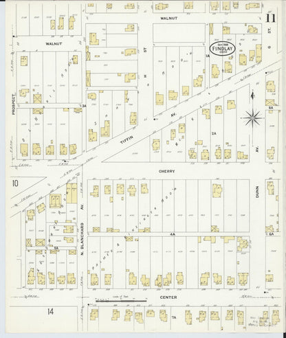 Sanborn Fire Insurance Map from Findlay, Hancock County, Ohio (1908), Sheet #0011 - Historic Sanborn Fire Insurance Map Print, vintage old map wall art, antique decor, genealogy gift, Ohio Ohio map