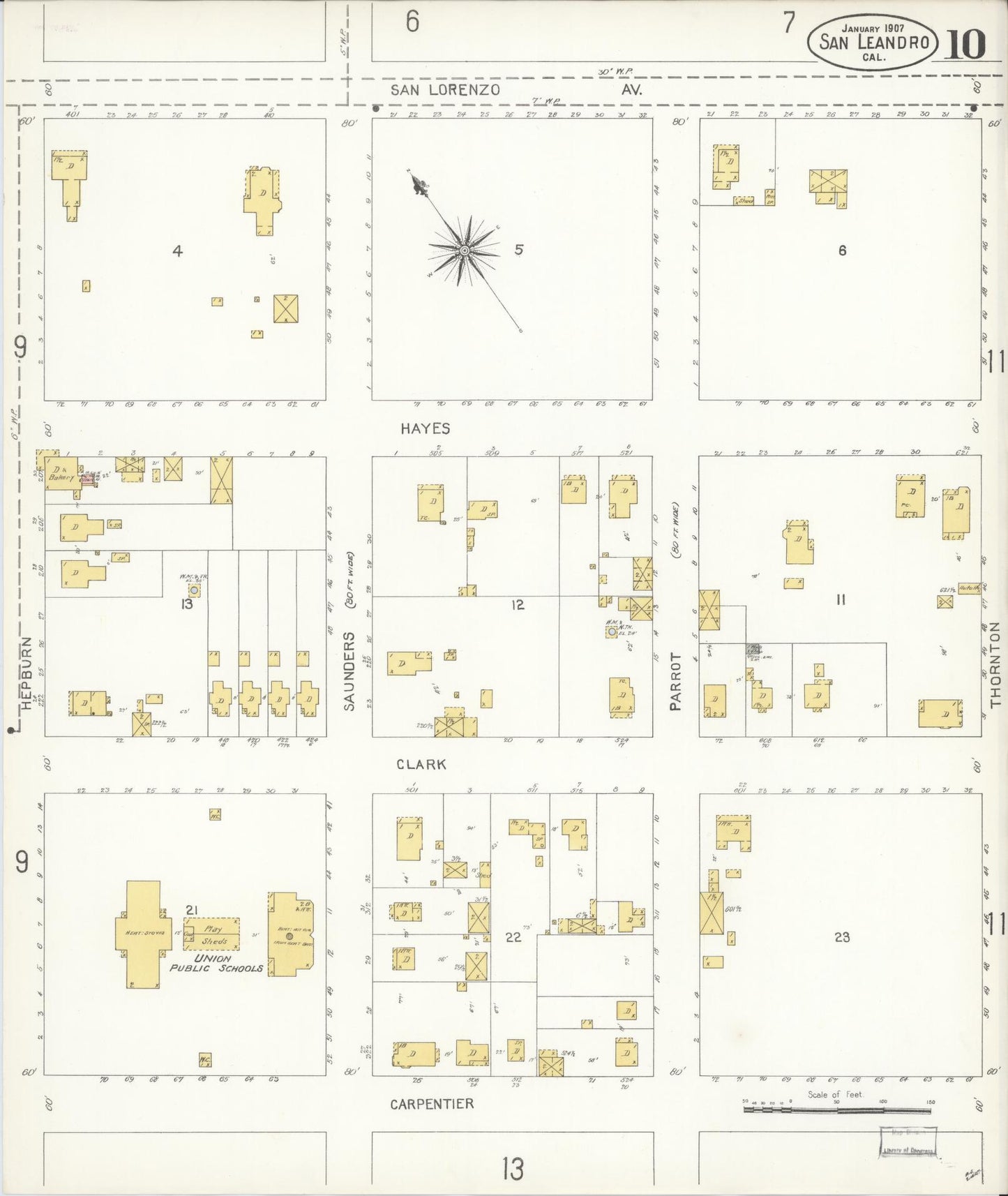 Sanborn Fire Insurance Map from San Leandro, Alameda County, California (1907), Sheet #0010 - Complete Map Set gallery image, historic Sanborn map, vintage wall art, California California