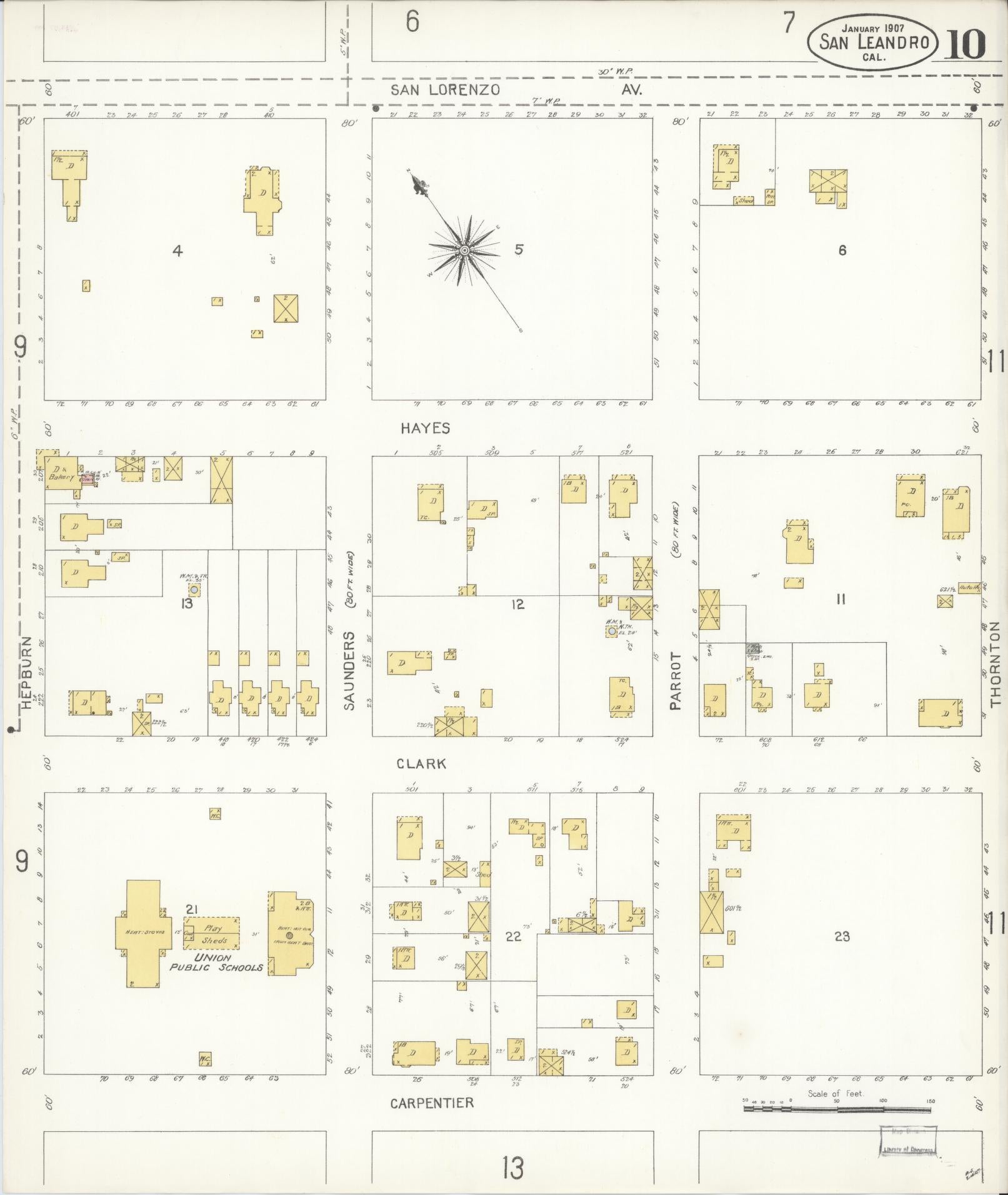 Sanborn Fire Insurance Map from San Leandro, Alameda County, California (1907), Sheet #0010 - Complete Map Set gallery image, historic Sanborn map, vintage wall art, California California