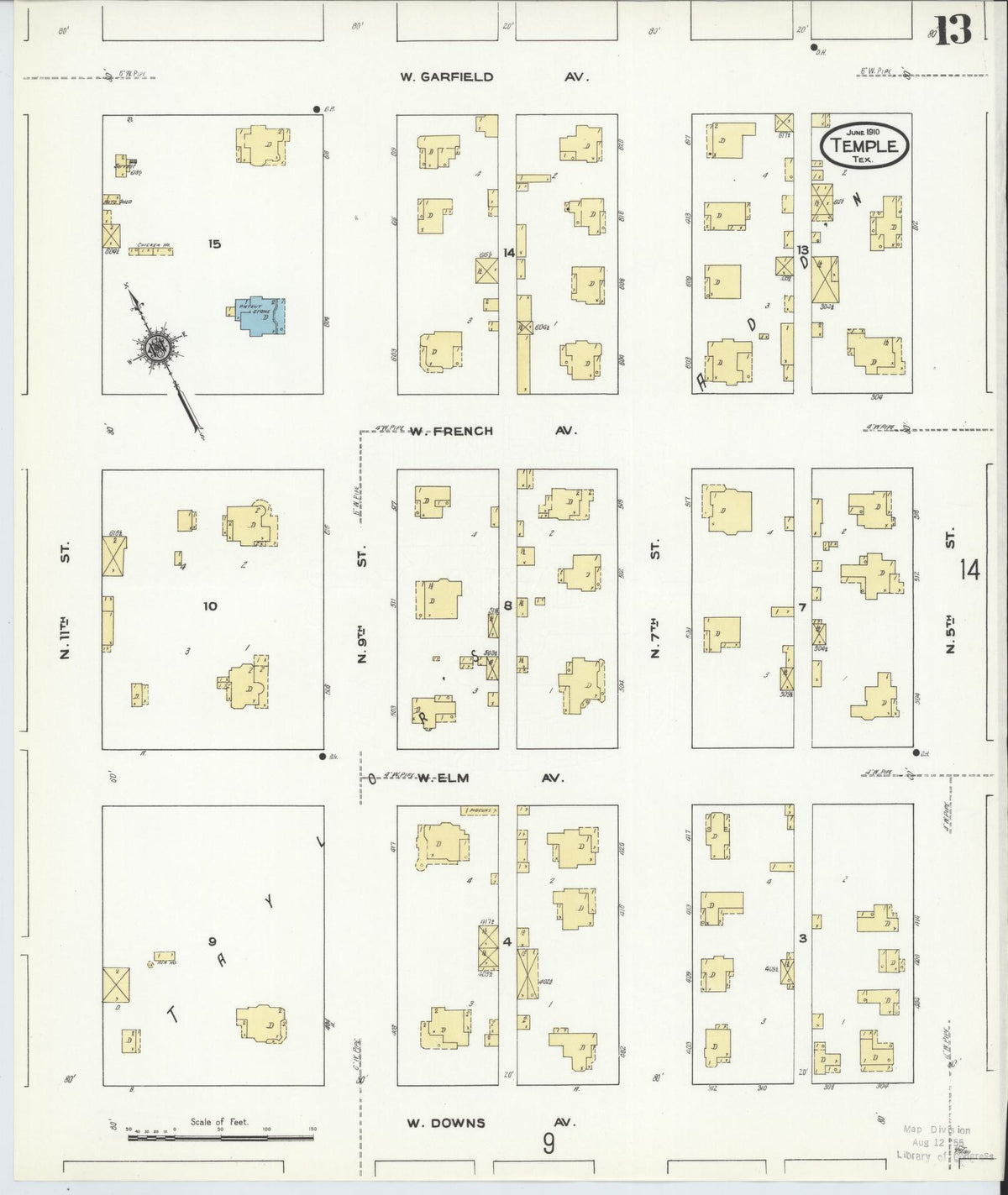 Sanborn Fire Insurance Map from Temple, Bell County, Texas (1910), Sheet #0013 - Historic Sanborn Fire Insurance Map Print, vintage old map wall art, antique decor, genealogy gift, Texas Texas map