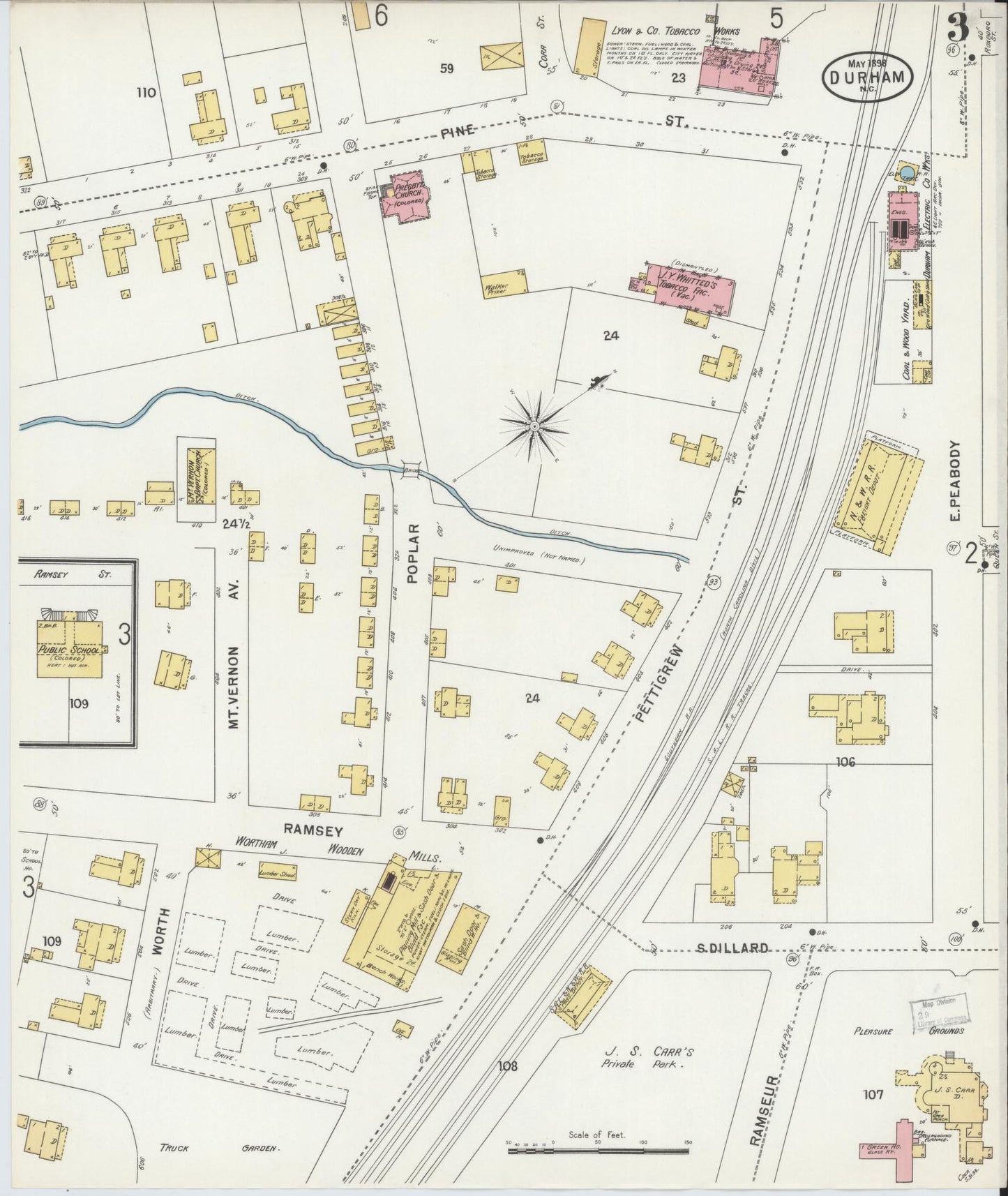 Sanborn Fire Insurance Map from Durham, Durham County, North Carolina (1898), Sheet #0003 - Complete Map Set gallery image, historic Sanborn map, vintage wall art, North Carolina North Carolina
