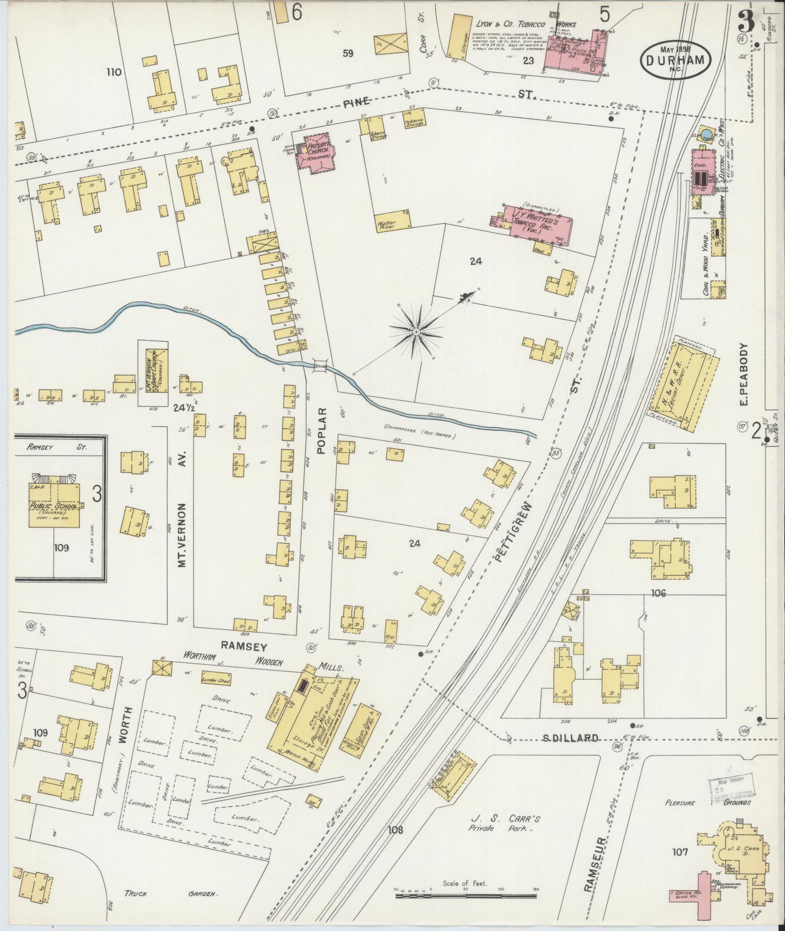 Sanborn Fire Insurance Map from Durham, Durham County, North Carolina (1898), Sheet #0003 - Complete Map Set gallery image, historic Sanborn map, vintage wall art, North Carolina North Carolina