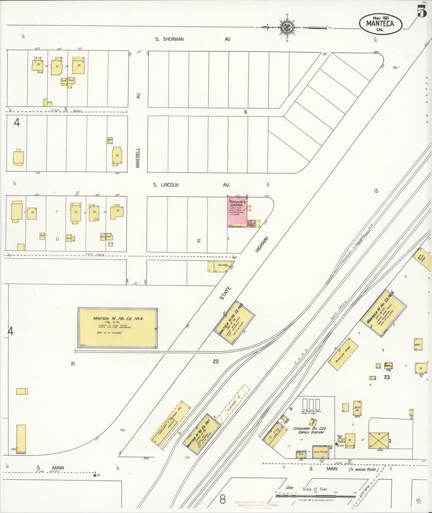 Sanborn Fire Insurance Map from Manteca, San Joaquin County, California (1921), Sheet #0005 - Historic Sanborn Fire Insurance Map Print, vintage old map wall art, antique decor, genealogy gift, California California map