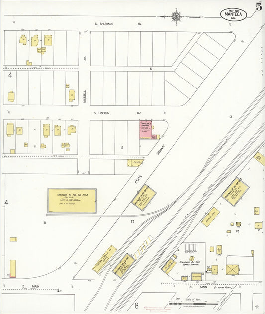 Sanborn Fire Insurance Map from Manteca, San Joaquin County, California (1921), Sheet #0005 - Historic Sanborn Fire Insurance Map Print, vintage old map wall art, antique decor, genealogy gift, California California map