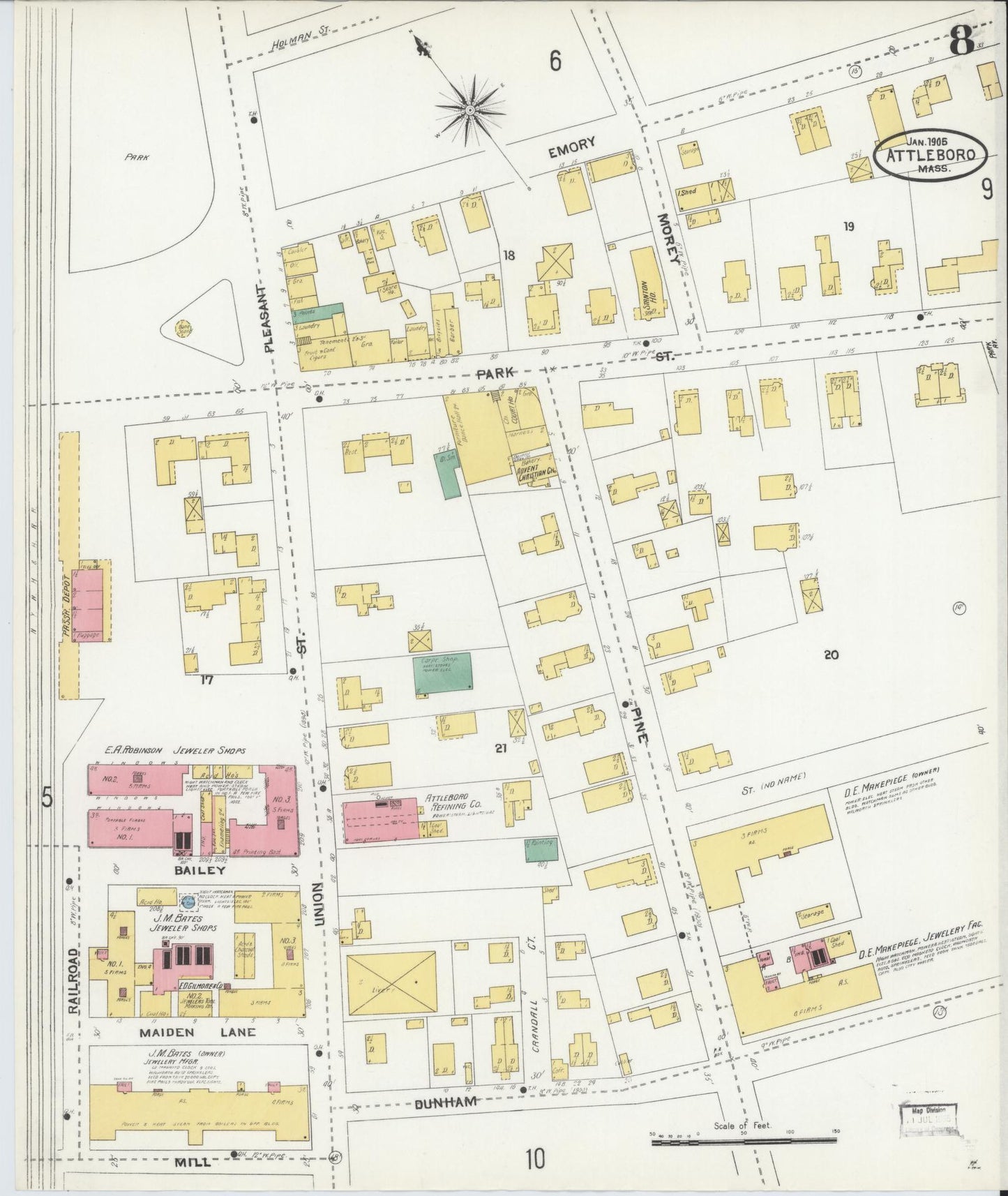 Sanborn Fire Insurance Map from Attleboro, Bristol County, Massachusetts (1905), Sheet #0008 - Complete Map Set gallery image, historic Sanborn map, vintage wall art, Massachusetts Massachusetts