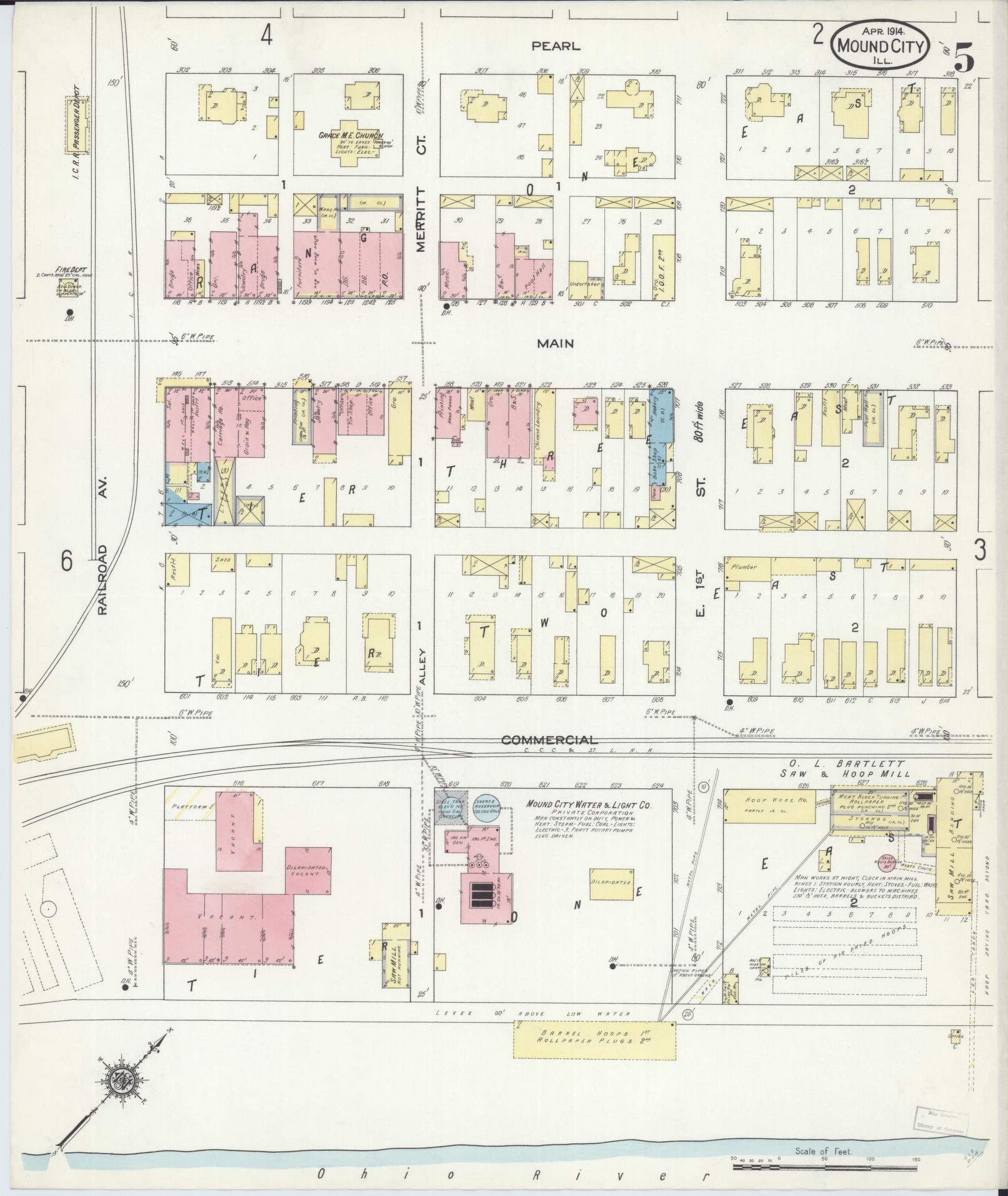 Sanborn Fire Insurance Map from Mound City, Pulaski County, Illinois (1914), Sheet #0005 - Historic Sanborn Fire Insurance Map Print, vintage old map wall art, antique decor, genealogy gift, Illinois Illinois map