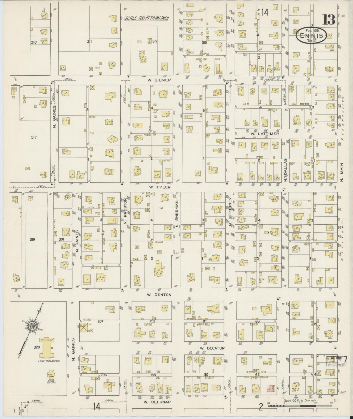 Sanborn Fire Insurance Map from Ennis, Ellis County, Texas (1915), Sheet #0013 - Complete Map Set gallery image, historic Sanborn map, vintage wall art, Texas Texas