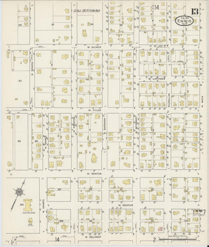 Sanborn Fire Insurance Map from Ennis, Ellis County, Texas (1915), Sheet #0013 - Complete Map Set gallery image, historic Sanborn map, vintage wall art, Texas Texas