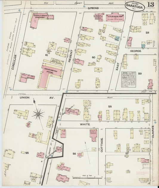 Sanborn Fire Insurance Map from Saratoga, Saratoga County, New York (1884), Sheet #0013 - Historic Sanborn Fire Insurance Map Print, vintage old map wall art, antique decor, genealogy gift, New York New York map